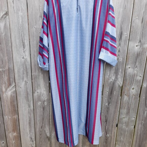 Vintage 70s Tunic Dress Kaftan 45"B Blue Red Stripes Dolman Sleeves - Picture 10 of 15